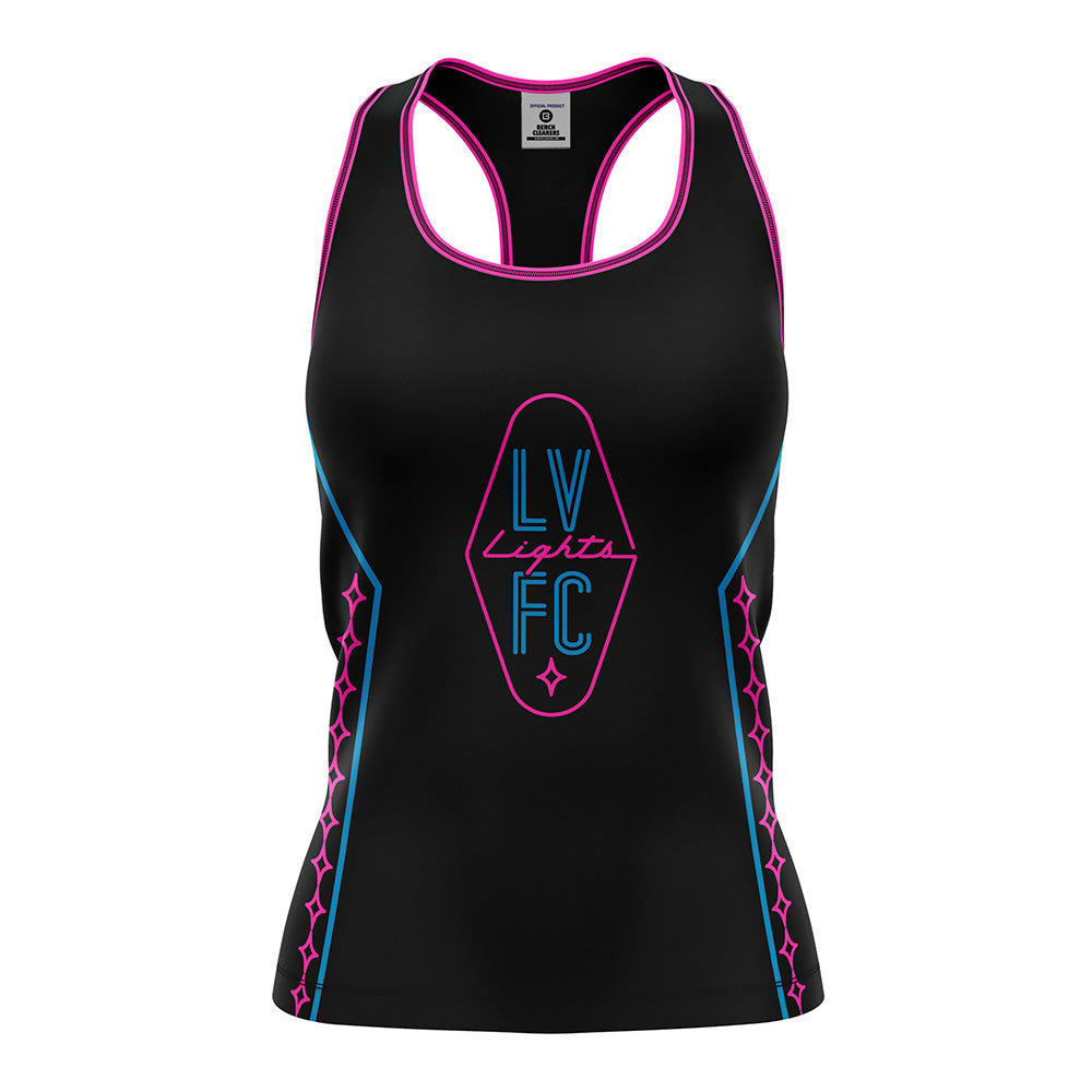Women's Las Vegas Lights FC Bench Clearers Crest Logo Midnight Neon Black Racerback Premier Tank