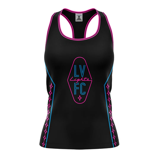 Women's Las Vegas Lights FC Bench Clearers Crest Logo Midnight Neon Black Racerback Premier Tank