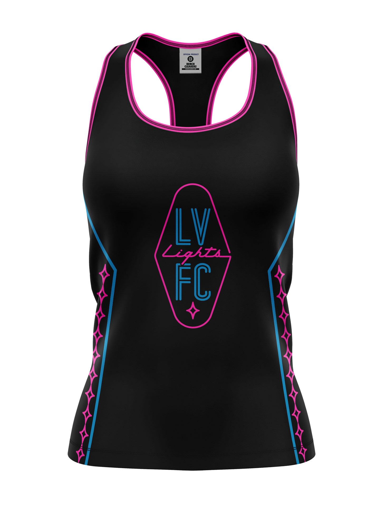 Women's Las Vegas Lights FC Bench Clearers Crest Logo Midnight Neon Black Racerback Premier Tank