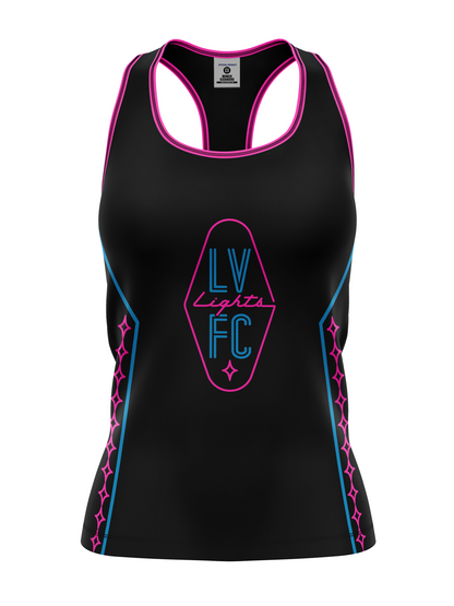 Women's Las Vegas Lights FC Bench Clearers Crest Logo Midnight Neon Black Racerback Premier Tank